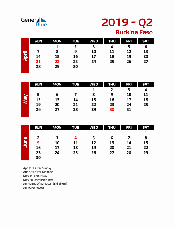 Q2 2019 Calendar with Holidays in Burkina Faso