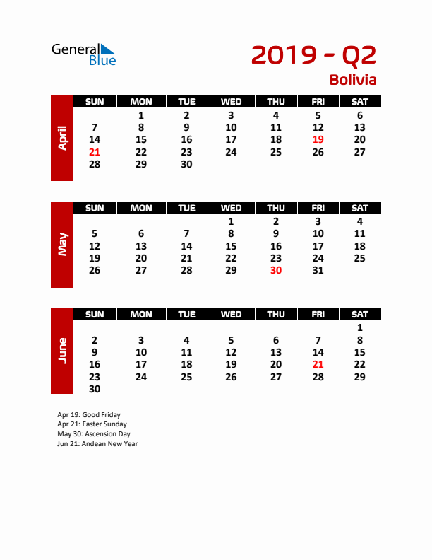 Q2 2019 Calendar with Holidays in Bolivia