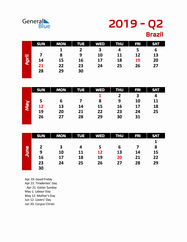 Q2 2019 Calendar with Holidays in Brazil