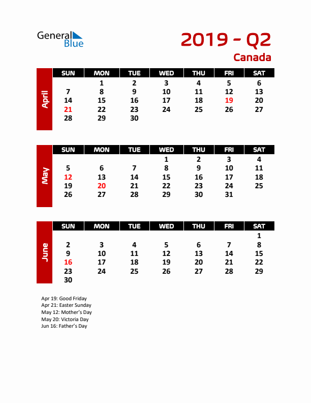 Q2 2019 Calendar with Holidays in Canada