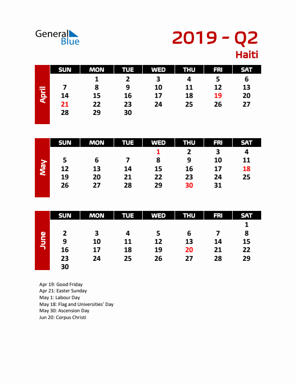 Q2 2019 Calendar with Holidays in Haiti