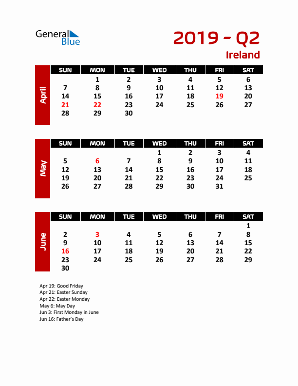 Q2 2019 Calendar with Holidays in Ireland