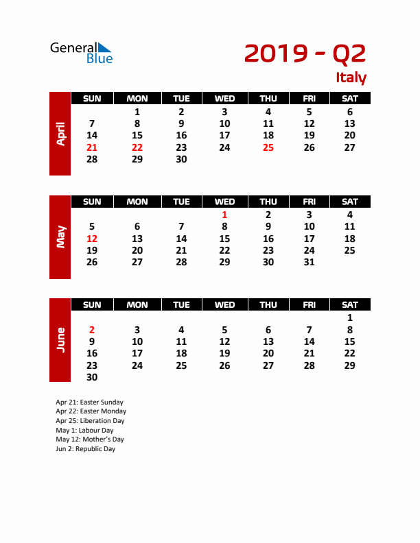 Q2 2019 Calendar with Holidays in Italy