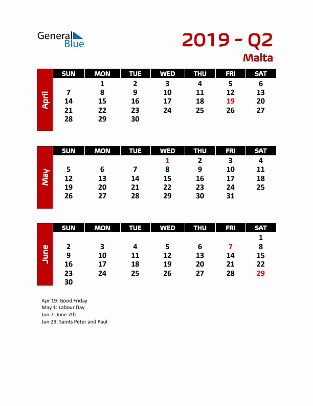 Q2 2019 Calendar with Holidays in Malta