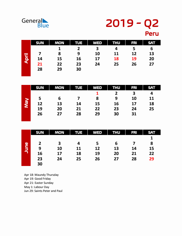 Q2 2019 Calendar with Holidays in Peru