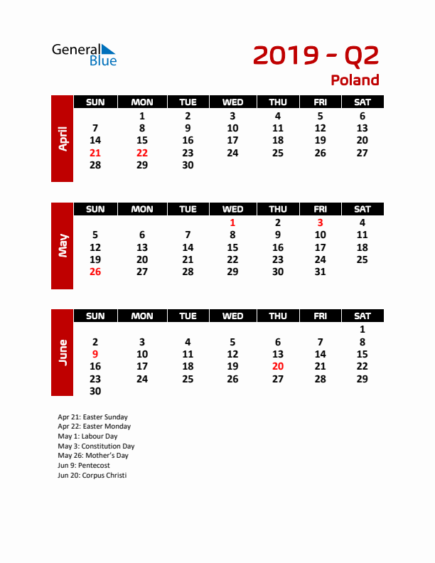 Q2 2019 Calendar with Holidays in Poland