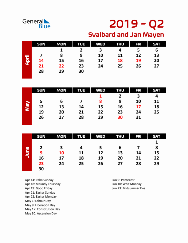 Q2 2019 Calendar with Holidays in Svalbard and Jan Mayen