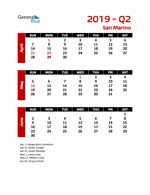 Q2 2019 Calendar with Holidays in San Marino