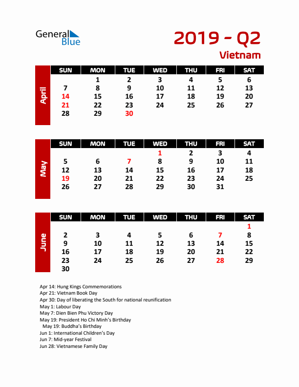 Q2 2019 Calendar with Holidays in Vietnam