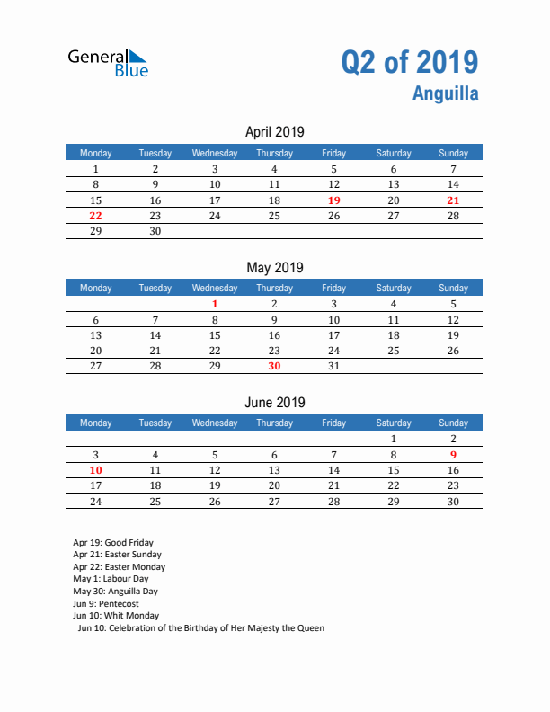 Anguilla Q2 2019 Quarterly Calendar with Monday Start