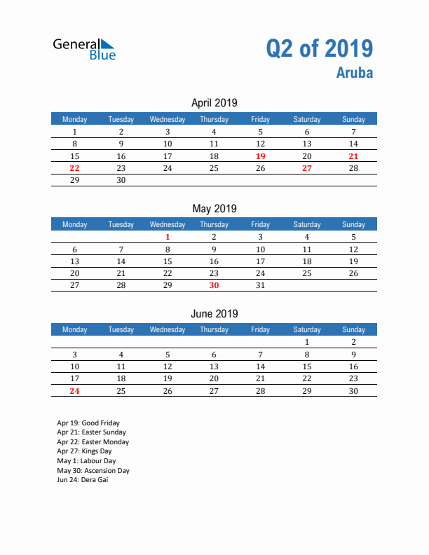 Aruba Q2 2019 Quarterly Calendar with Monday Start