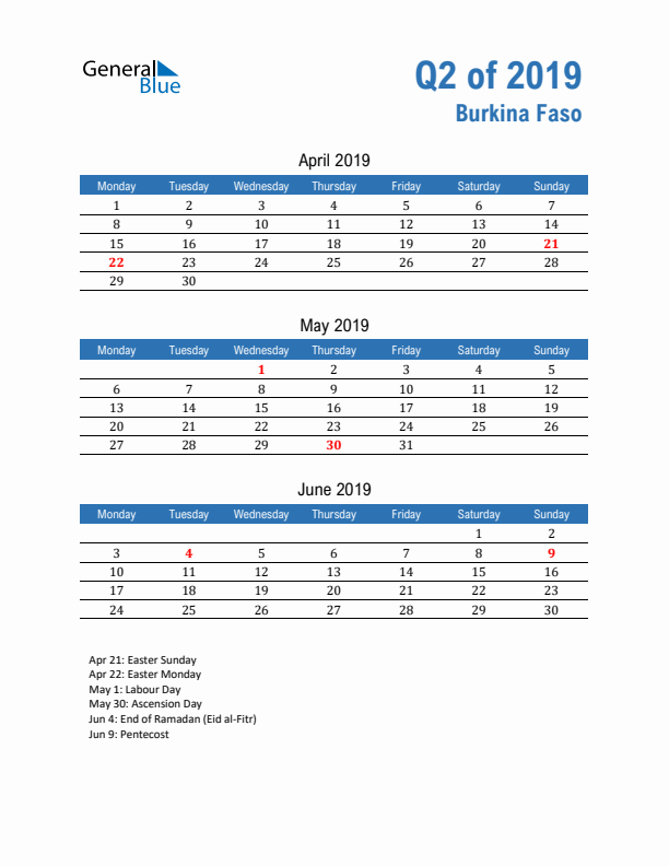 Burkina Faso Q2 2019 Quarterly Calendar with Monday Start