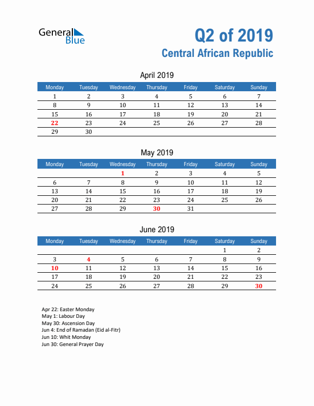 Central African Republic Q2 2019 Quarterly Calendar with Monday Start