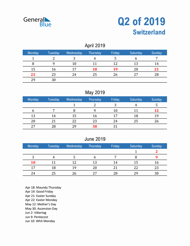 Switzerland Q2 2019 Quarterly Calendar with Monday Start