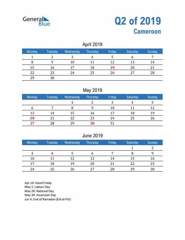 Cameroon Q2 2019 Quarterly Calendar with Monday Start