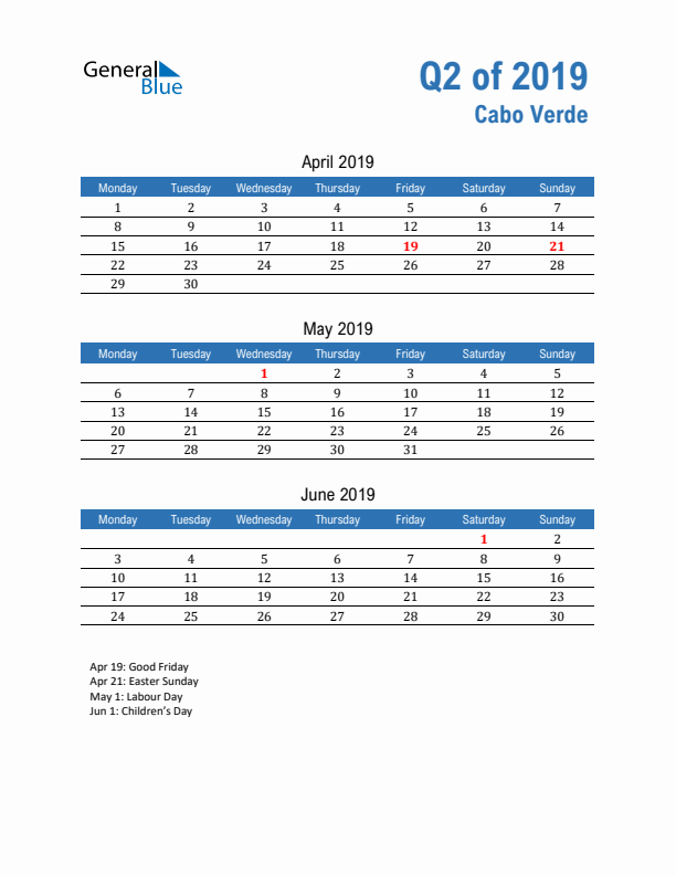 Cabo Verde Q2 2019 Quarterly Calendar with Monday Start