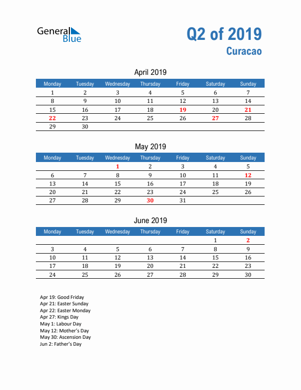 Curacao Q2 2019 Quarterly Calendar with Monday Start