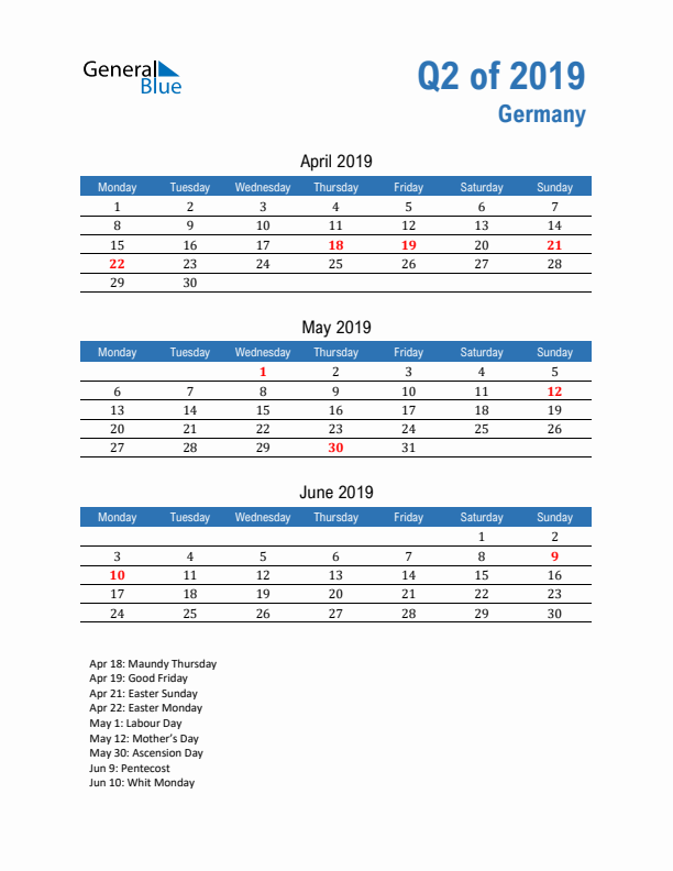 Germany Q2 2019 Quarterly Calendar with Monday Start