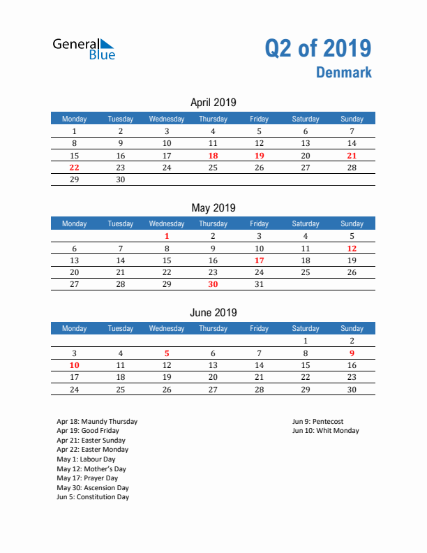 Denmark Q2 2019 Quarterly Calendar with Monday Start