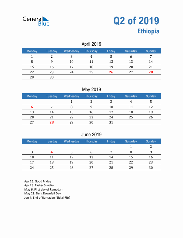 Ethiopia Q2 2019 Quarterly Calendar with Monday Start