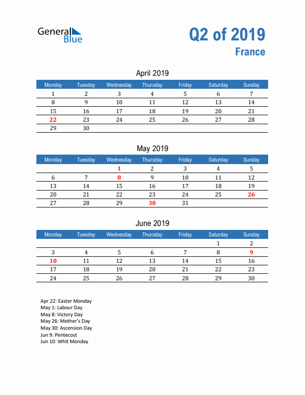 France Q2 2019 Quarterly Calendar with Monday Start