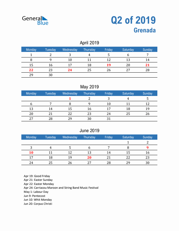 Grenada Q2 2019 Quarterly Calendar with Monday Start