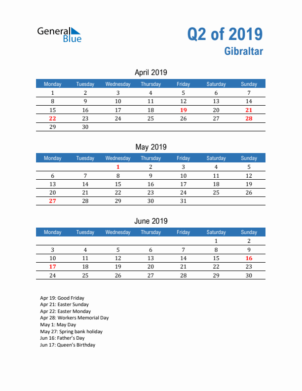 Gibraltar Q2 2019 Quarterly Calendar with Monday Start