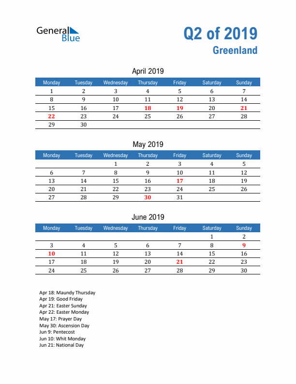 Greenland Q2 2019 Quarterly Calendar with Monday Start