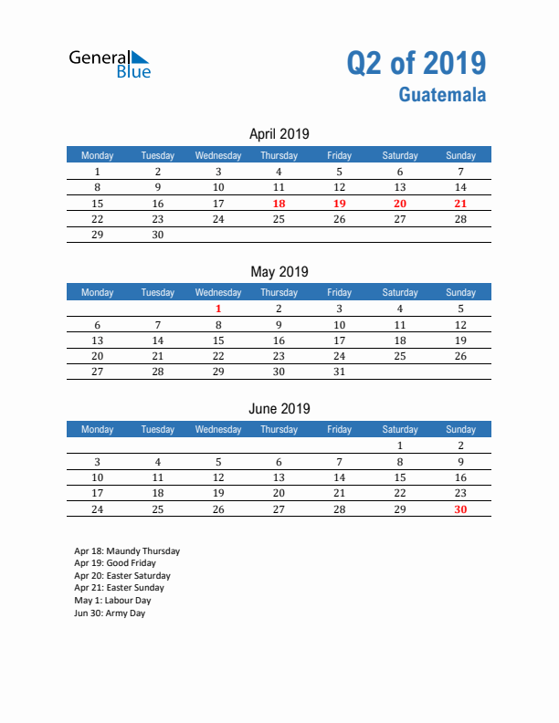 Guatemala Q2 2019 Quarterly Calendar with Monday Start