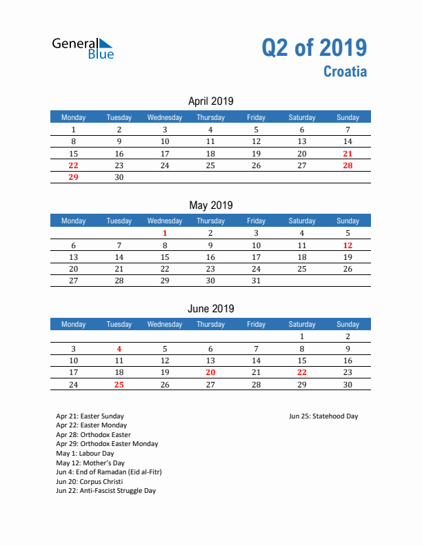 Croatia Q2 2019 Quarterly Calendar with Monday Start