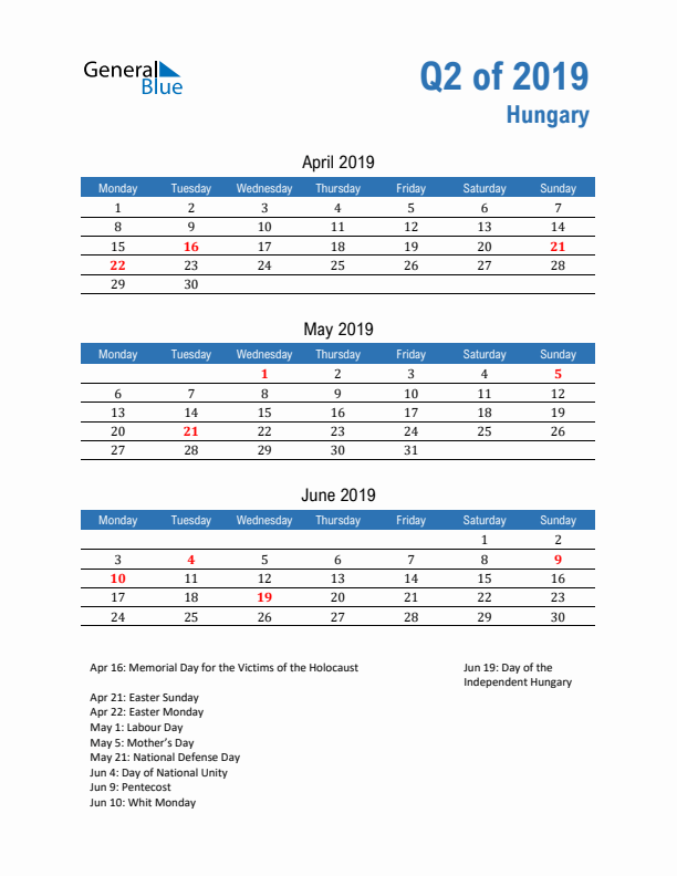 Hungary Q2 2019 Quarterly Calendar with Monday Start