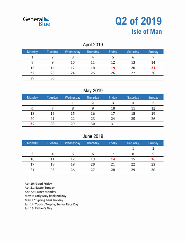 Isle of Man Q2 2019 Quarterly Calendar with Monday Start