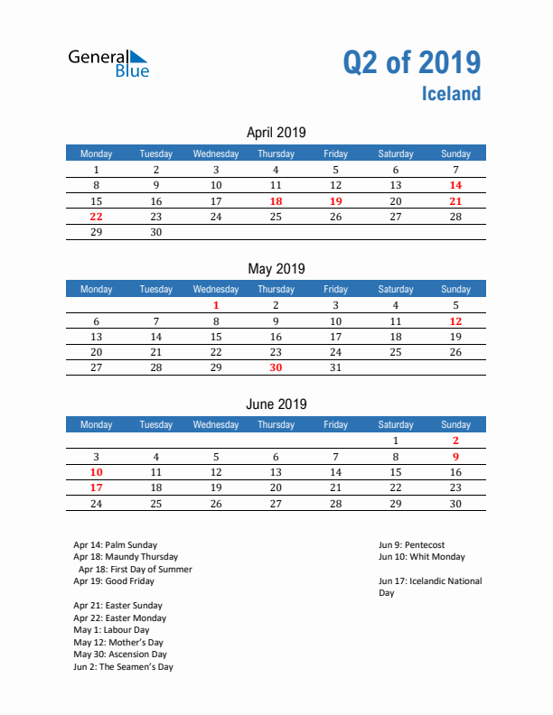 Iceland Q2 2019 Quarterly Calendar with Monday Start