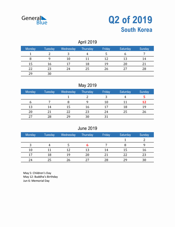 South Korea Q2 2019 Quarterly Calendar with Monday Start