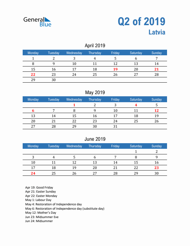 Latvia Q2 2019 Quarterly Calendar with Monday Start