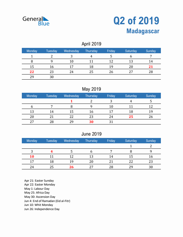 Madagascar Q2 2019 Quarterly Calendar with Monday Start