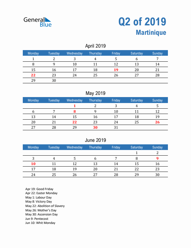 Martinique Q2 2019 Quarterly Calendar with Monday Start