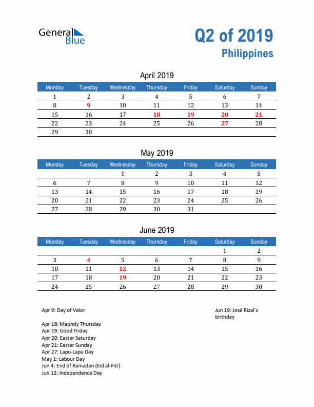 Philippines Q2 2019 Quarterly Calendar with Monday Start