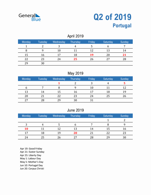 Portugal Q2 2019 Quarterly Calendar with Monday Start