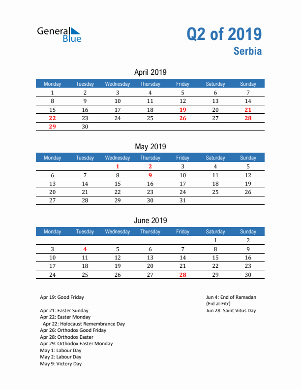 Serbia Q2 2019 Quarterly Calendar with Monday Start