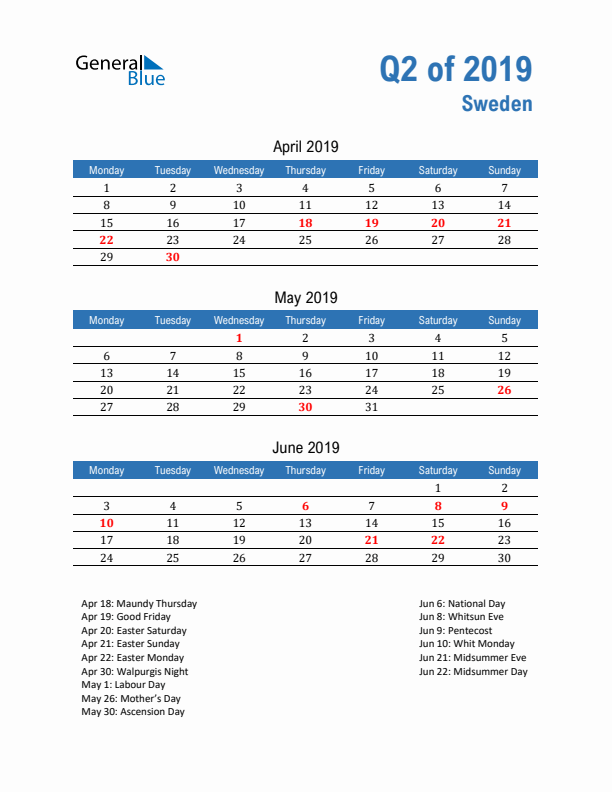 Sweden Q2 2019 Quarterly Calendar with Monday Start