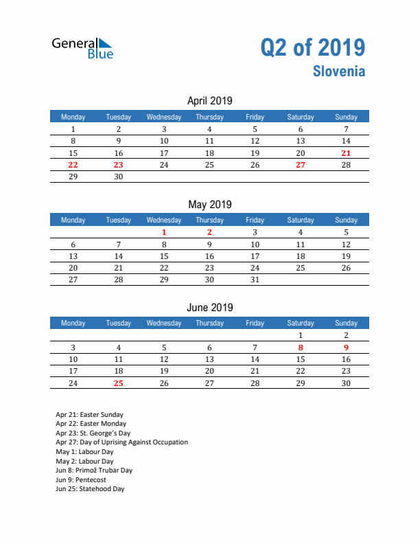 Slovenia Q2 2019 Quarterly Calendar with Monday Start