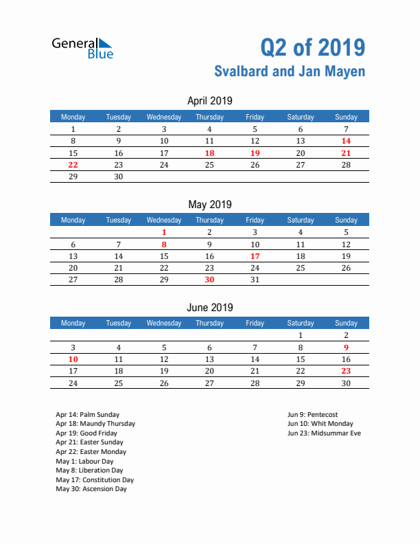 Svalbard and Jan Mayen Q2 2019 Quarterly Calendar with Monday Start