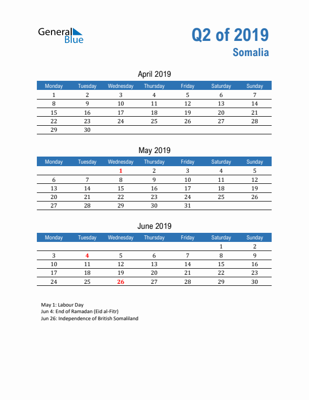 Somalia Q2 2019 Quarterly Calendar with Monday Start