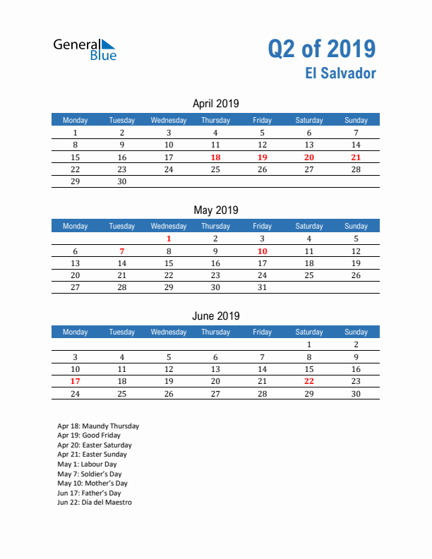 El Salvador Q2 2019 Quarterly Calendar with Monday Start