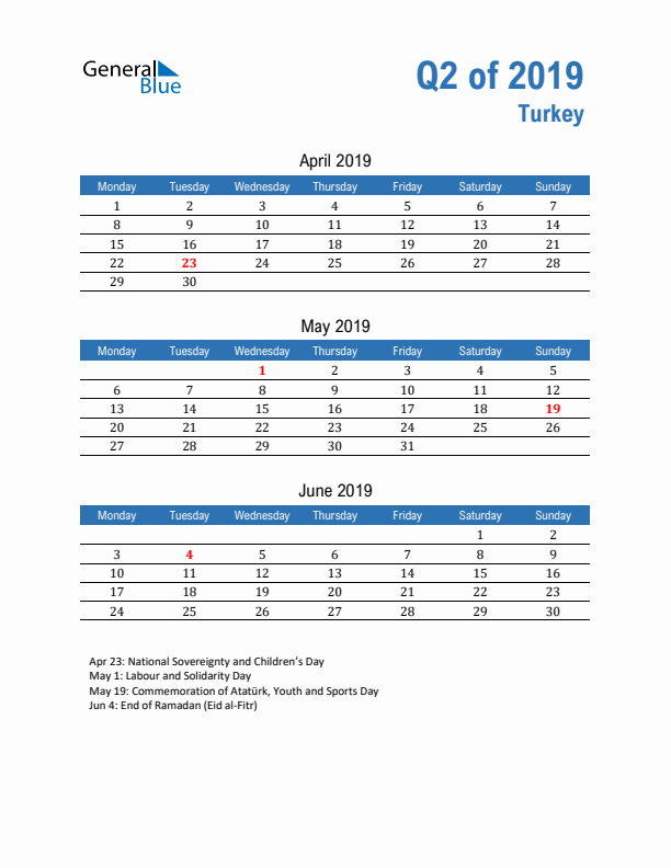 Turkey Q2 2019 Quarterly Calendar with Monday Start