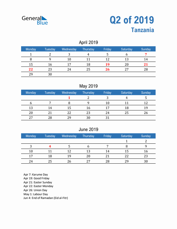 Tanzania Q2 2019 Quarterly Calendar with Monday Start