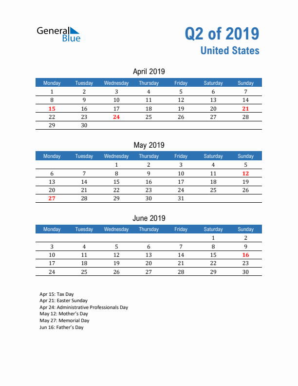 United States Q2 2019 Quarterly Calendar with Monday Start