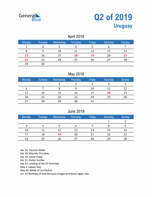 Uruguay Q2 2019 Quarterly Calendar with Monday Start