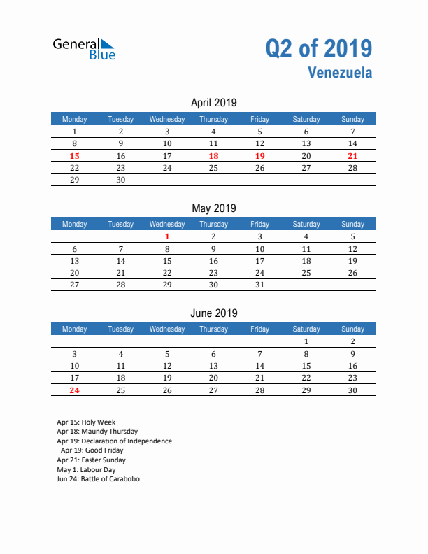 Venezuela Q2 2019 Quarterly Calendar with Monday Start